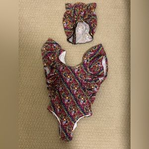 Posh Peanut x Lisa Frank Swimsuit & Cat Ears Turban SZ 4T Turban fits 2-6T